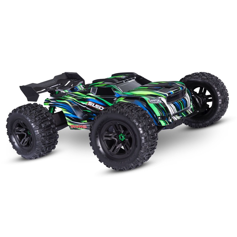 TRAXXAS 95096-4 Sledge 1/8 scale 4WD brushless monster truck. Fully assembled, RTR, with TQi 2.4GHz radio system, VXL-6s power system, belted Sledgehammer tires, and ProGraphix clipless body.
