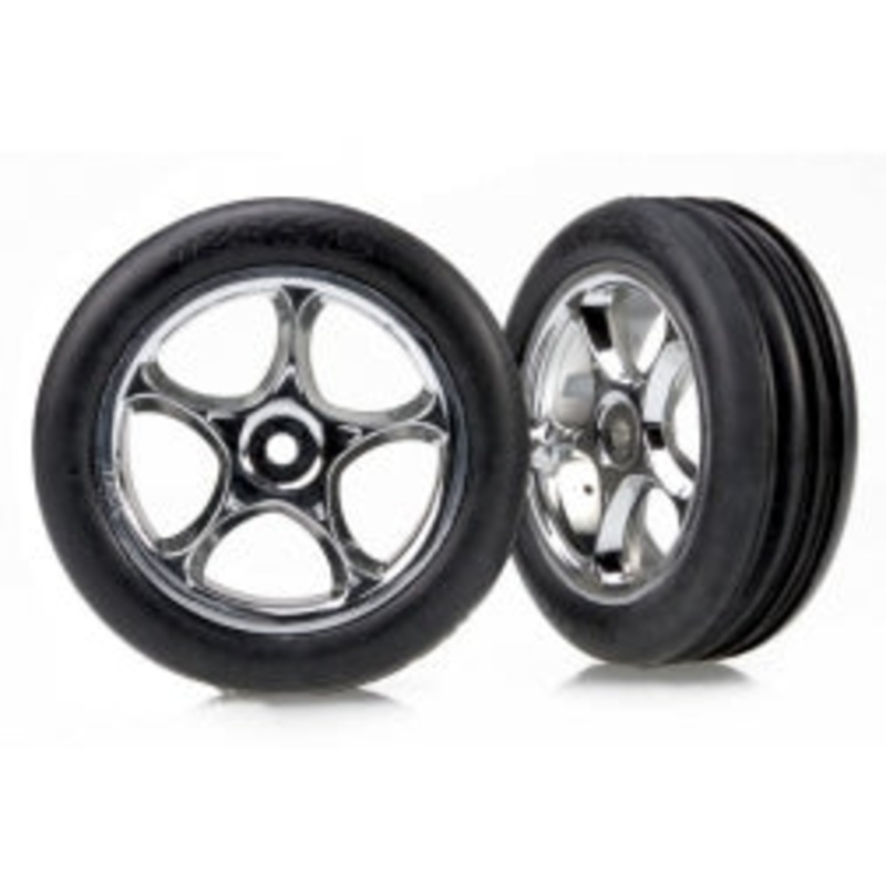 TRAXXAS 2471R Tires & wheels, assembled Tracer 2.2" chrome wheels, Alias ribbed 2.2" tires (2) Bandit front, soft compound w/ foam inserts