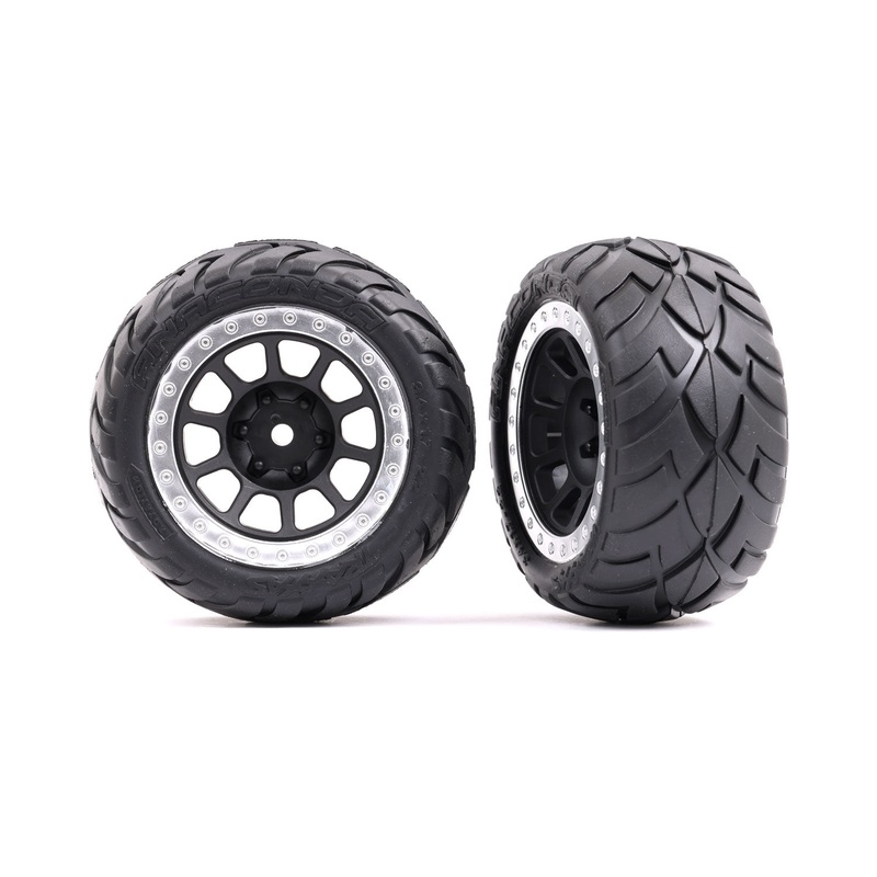 TRAXXAS 2478G Tires & wheels, assembled (2.2" graphite gray, satin chrome beadlock wheels, Anaconda 2.2" tires with foam inserts) (2) (Bandit rear)