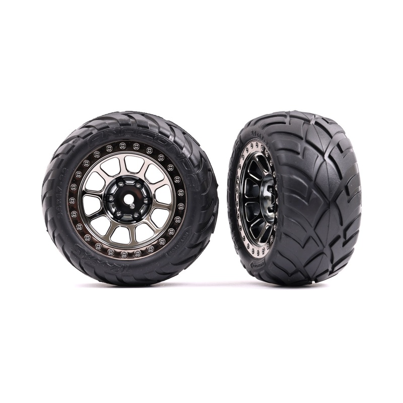 TRAXXAS 2478T Tires & wheels, assembled (2.2" black chrome wheels, Anaconda 2.2" tires with foam inserts) (2) (Bandit rear))