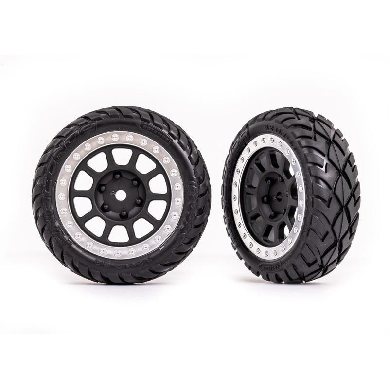 TRAXXAS 2479G Tires & wheels, assembled (2.2" graphite gray, satin chrome beadlock wheels, Anaconda 2.2" tires with foam inserts) (2) (Bandit front)