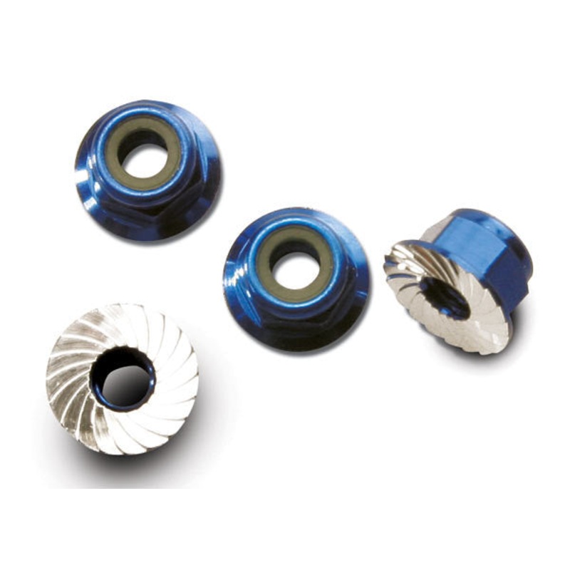 TRAXXAS 1747R Nuts Aluminum Flanged Serrated 4mm Blue-Anodized (4) : SLASH 2WD, RUSTLER, STAMPEDE 2WD, STAMPEDE 4X4