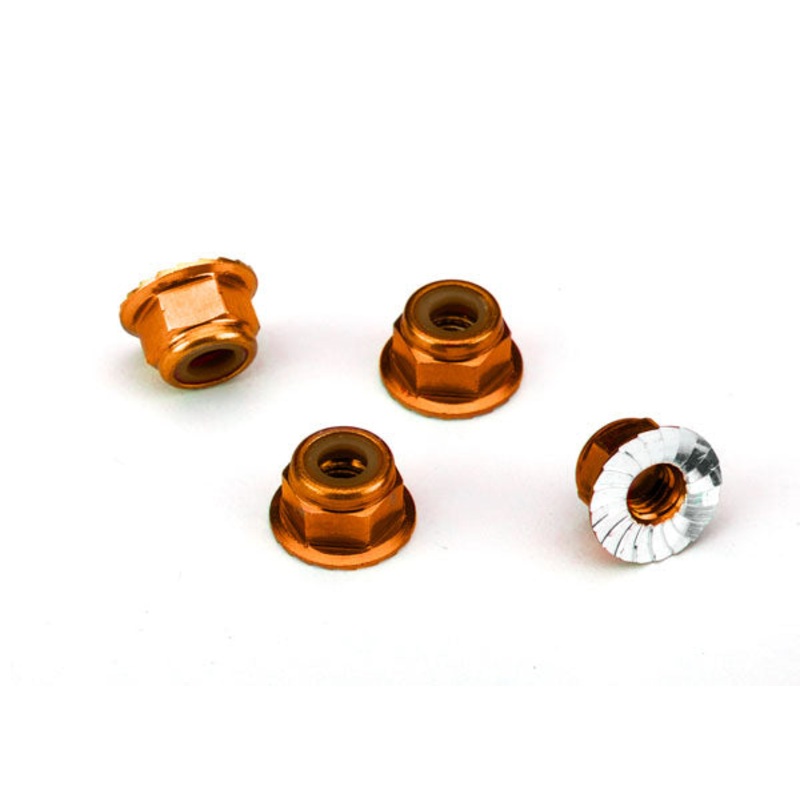 TRAXXAS 1747T Nuts, aluminum, flanged, serrated (4mm) (orange-anodized) (4)