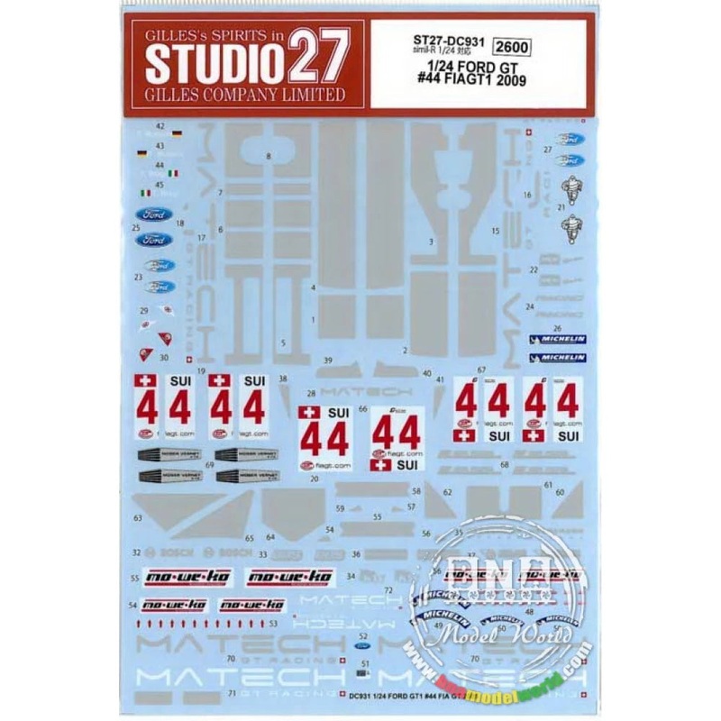Studio27 DC931 1/24 FORD GT #44 FIAGT 2009 DECAL