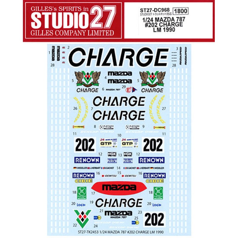 Studio27 DC968 1/24 MAZDA 787 #202 CHARGE LM 1990 DECALS FOR