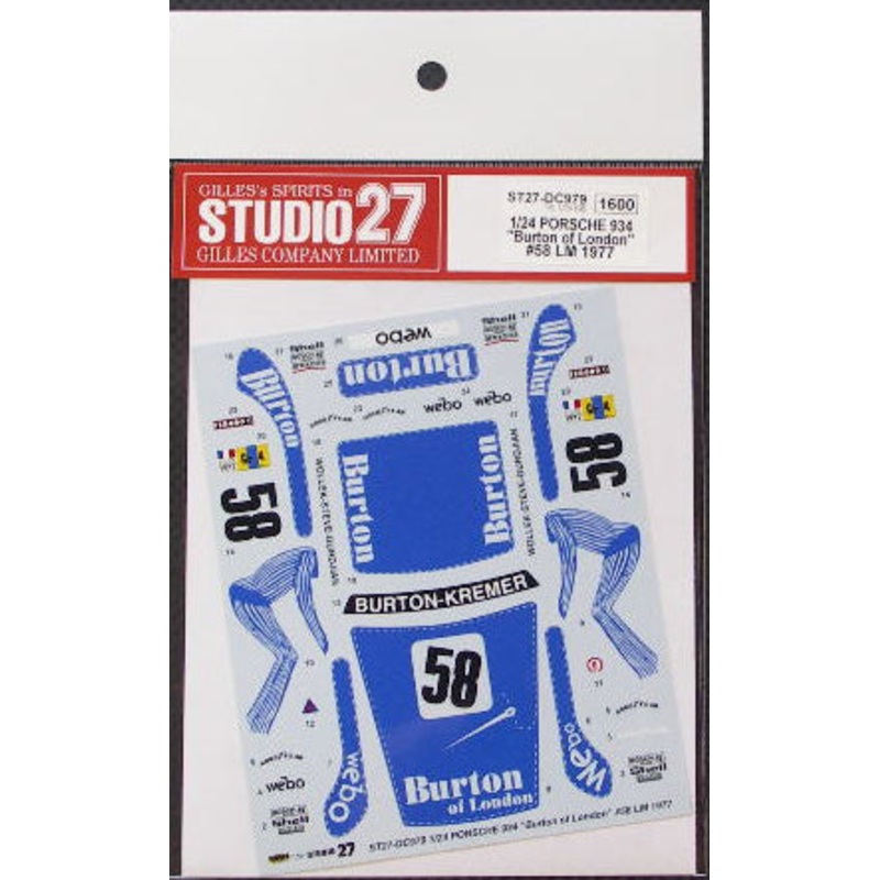 Studio27 DC979 1/24 PORSCHE934 Burton of London #58 LM 1977 Decal